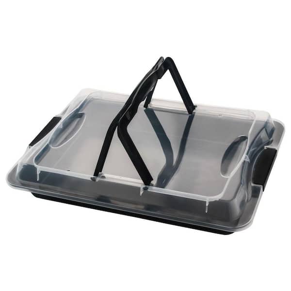Nonstick Gray Cake Carrier Set with Lid and Handle, Rectangle Sheet Pan for Baking and Transport, Easy Clean