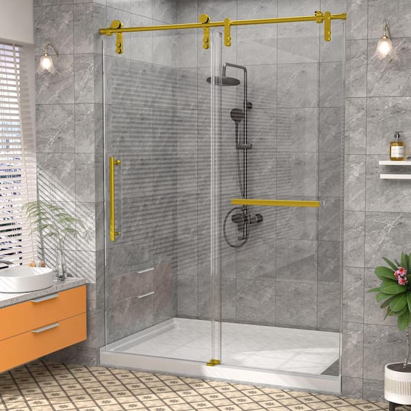 Delnavik 56-60" W x 75.5" H Frameless Glass Shower Door, Stainless Steel Handle, Noiseless, Waterproof, Rust Resistant, Golden