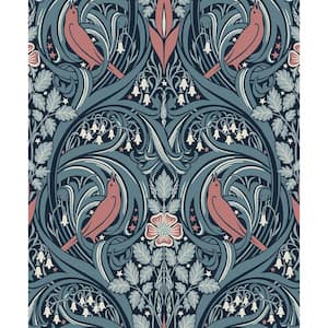 57.5 sq. ft. Aegean Teal and Coral Bird Scroll Unpasted Nonwoven Wallpaper Roll