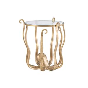 Olivia 20 in. Gold 22 in. H Round Glass End Table with Octopus Base