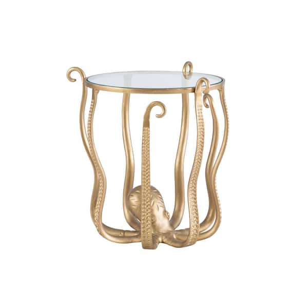 Powell Company Olivia 20 in. Gold 22 in. H Round Glass End Table with Octopus Base