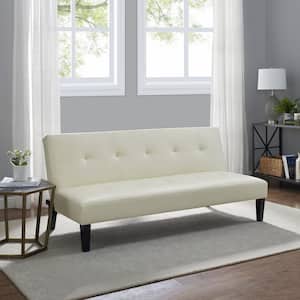 Cream Futon Sofa Bed, Faux Leather Futon Couch, Sofa Bed Couch Convertible with Wooden Legs, Button Tufted Futon Bed