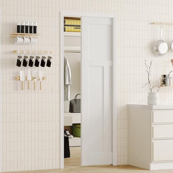 32 in. x 80 in. T-shape White Primed Pine Wood Sliding Pocket Door with Soft Close and Frame Kit Set, No Pre-drilling