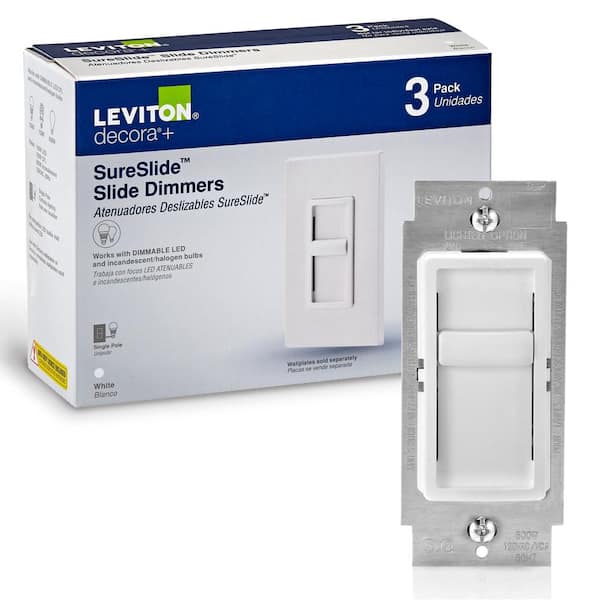 Leviton Decora SureSlide Universal 150-Watt LED/CFL Incandescent Slide-to-Off Dimmer, White (3-Pack)