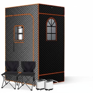 2-Person Steam Sauna Box for Home with 2-Steamers and 2-Folding Chairs, 3-Windows Insulation Saunas Tent with 2-Hooks