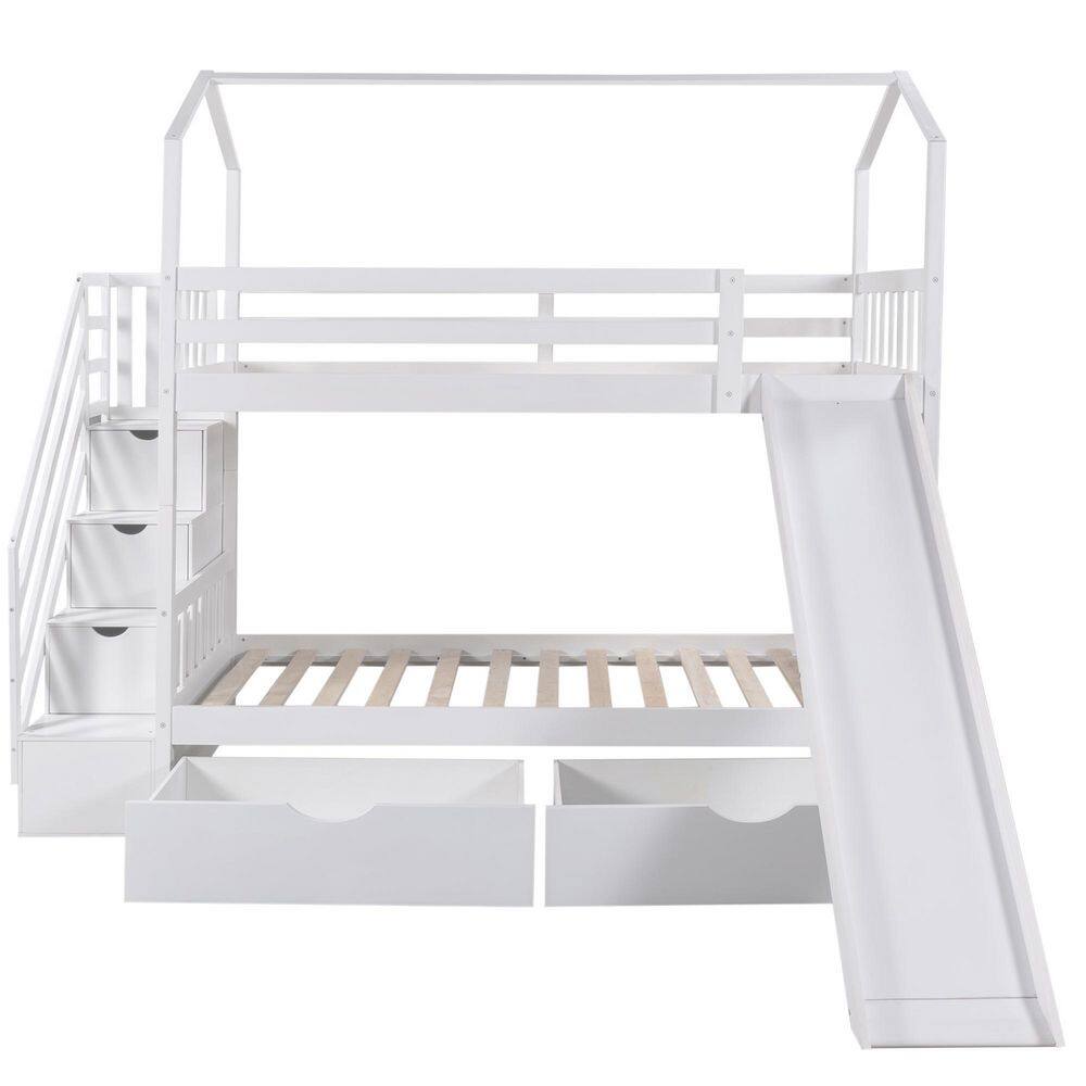 STICKON White Over Twin Size House Bunk Bed with 2 Drawers and Slide ...