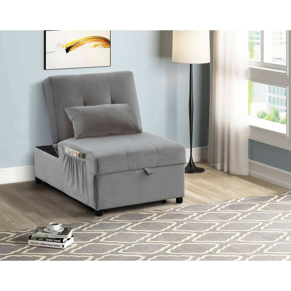 Gray Velvet Adjustable Sleeper Lounge Chaise with Manufactured Wood Frame