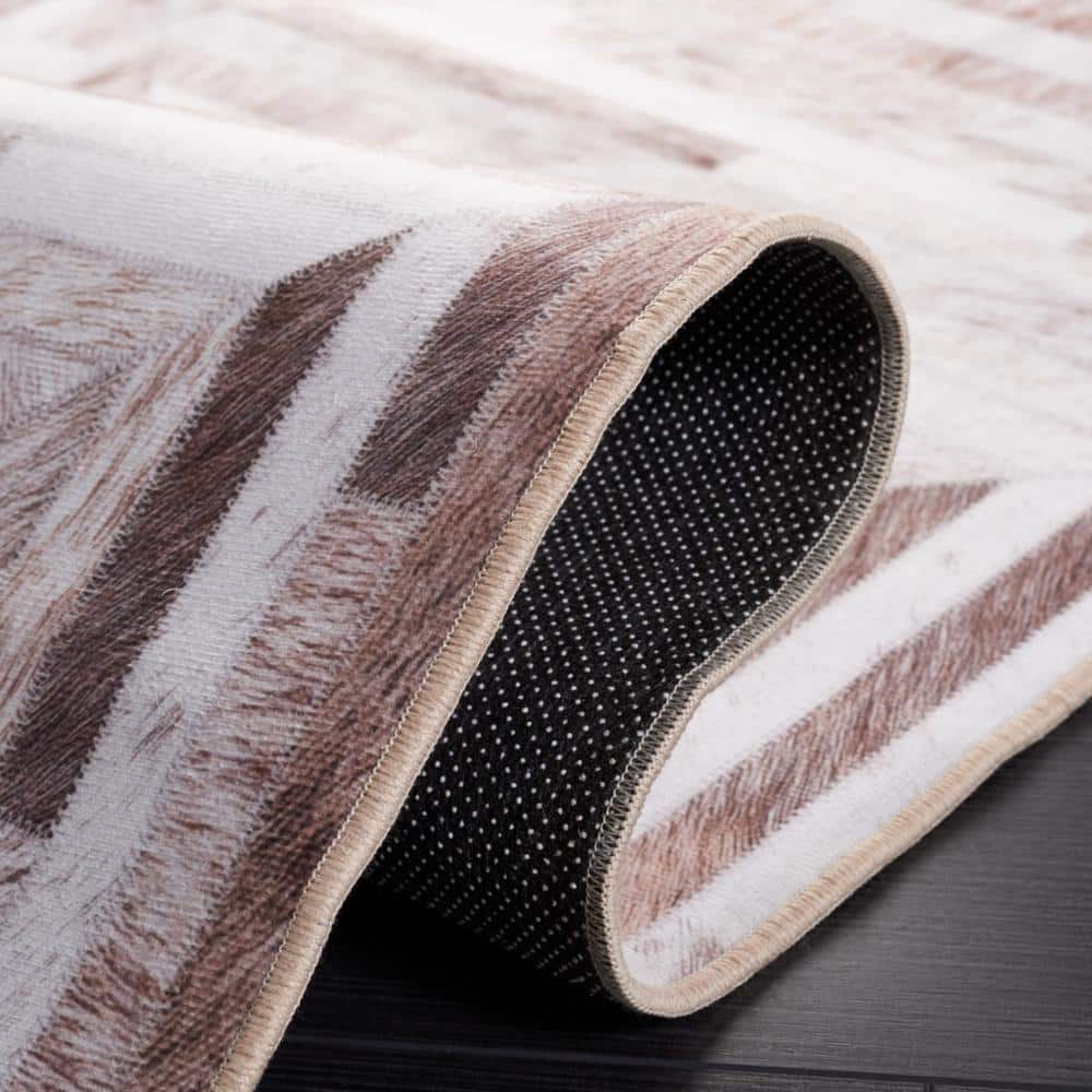 Beige and Brown Geometric Faux Fur 9' x 12' Rug
