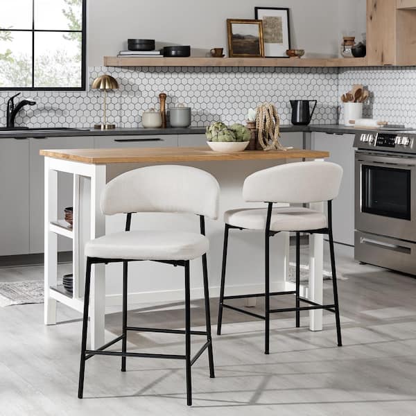 Modern 24 in Ivory Low Back Metal Counter Stool Chenille Seat, Set of 2