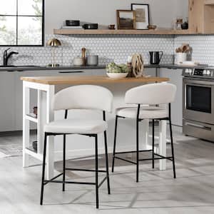 Modern 24 in Ivory Low Back Metal Counter Stool Chenille Seat, Set of 2