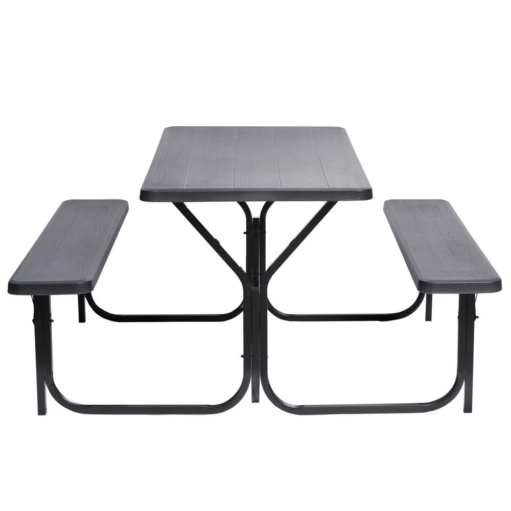 Gray Woodgrain Plastic and Metal Frame Outdoor Picnic Table Set