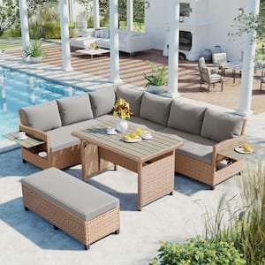 5-Piece Outdoor Wicker Rattan Sofa Set with 2 Side Tables and Cushions Dining Table for Backyard, Poolside, Indoor,Brown