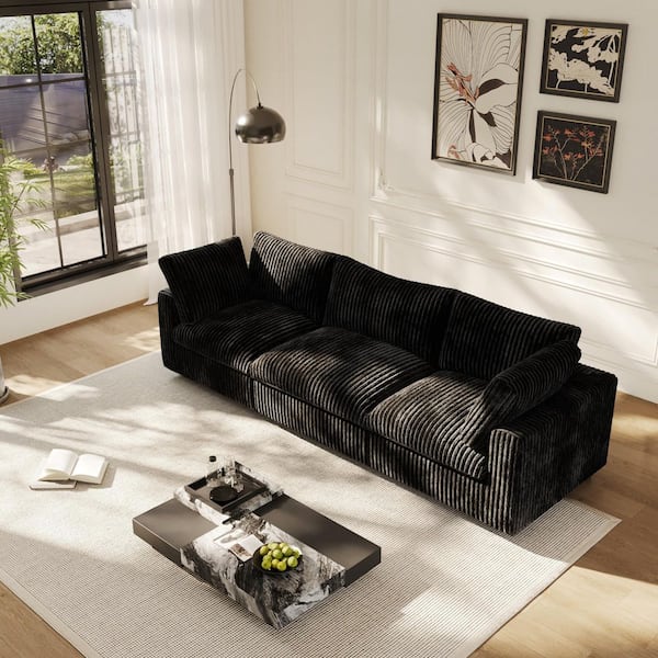 J&E Home 118.11 in. Square Arm 3-Piece Faux Rabbit Fur Fabric Free Combination Modular Sectional Sofa in Black