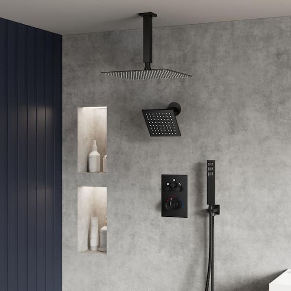 Thermostatic 7-Spray 12 in. Ceiling Mount Dual Shower Head and Handheld Shower in Matte Black (Valve Included)