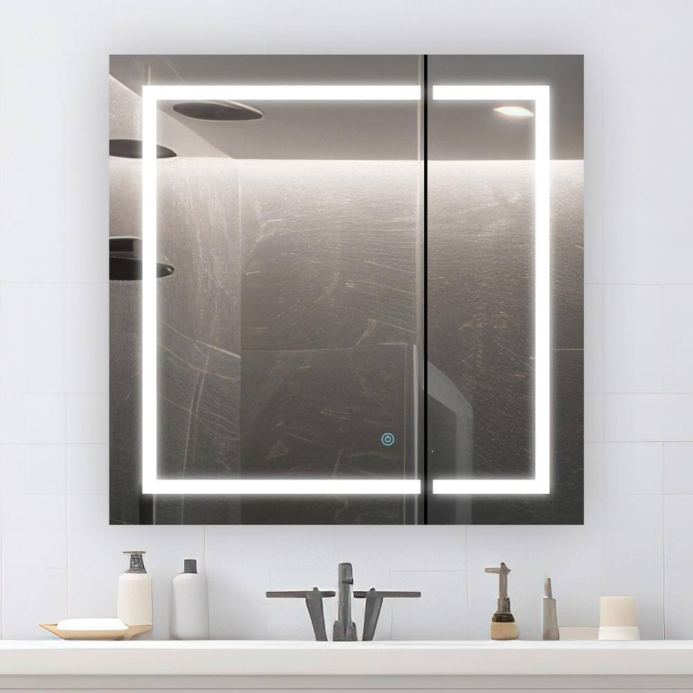 30'' Square Modern Mirrored LED Medicine Cabinet with Interior Outlet