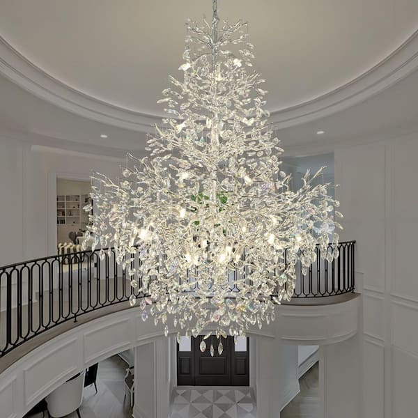 47 in. 27-Light Dimmable Silver Crystal Tree Branch Chandelier, for High Ceilings, Living Room, Dining Room, Hallway