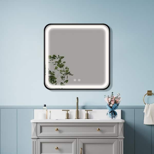 ANGELES HOME 32 in. W x 32 in. H Square Black Framed Wall-Mount Anti-Fog LED Light Bathroom Vanity Mirror with Focused Backplane