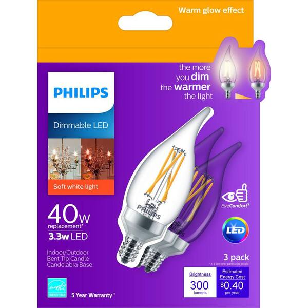 Philips 75-Watt Equivalent BA11 Dimmable Warm Glow Dimming Effect LED Candle Light Bulb Bent Tip E12 Soft White 2700K (12-Pack) Philips 75-Watt Equivalent BA11 Dimmable Warm Glow Dimming Effect LED Candle Light Bulb Bent Tip E12 Soft White 2700K (12-Pack)