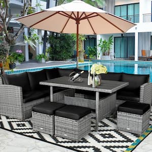 7-Piece Wicker Rattan Patio Conversation Set with Dining Table, Cozy Black Cushion with Removable Cover