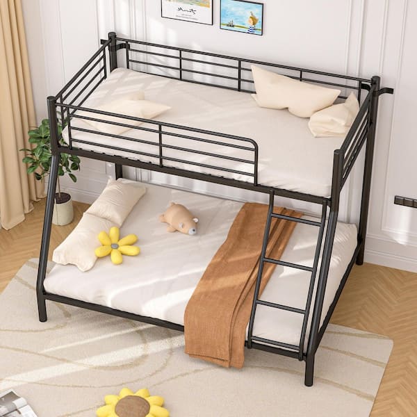 Metal Bunk Bed Frame, Black Twin Over Full Bunk Beds with Ladder and Safety Guardrail, Space-Saving Loft Bed