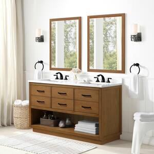 Carran 60 in. W Bath Vanity in Wax Pine with Engineered Stone Vanity Top in White with White Basins
