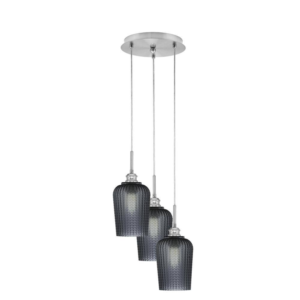 Savannah 10 in. 3-Light Brushed Nickel Cord Pendant Light Smoke Textured Gl