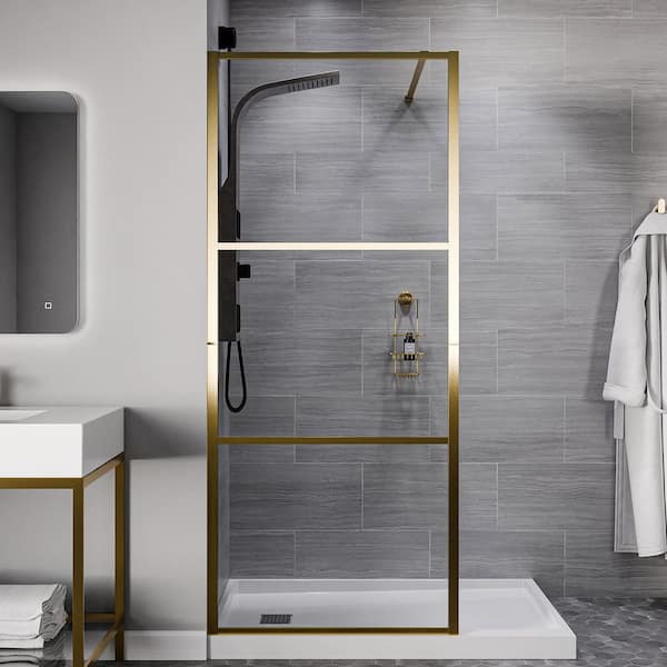 34 in. x 78 in. Fixed Framed Shower Door in Brushed Gold with Tsunami Guard Tempered Clear Glass