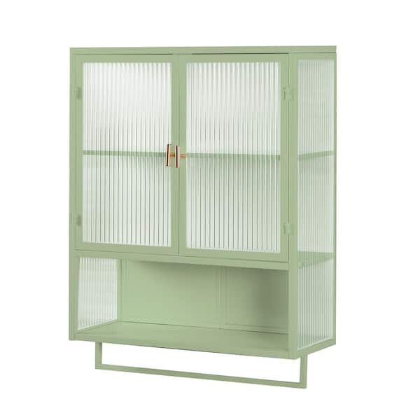 9.06 in. W x 23.62 in. D x 30.71 in. H in Green Iron Wall Cabinet with 2-Tier Enclosed Storage Open Shelf and Towel Rack