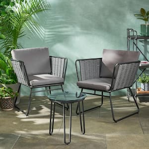 La Jolla Black 3-Piece Metal Outdoor Patio Conversation Seating Set with Grey Cushions