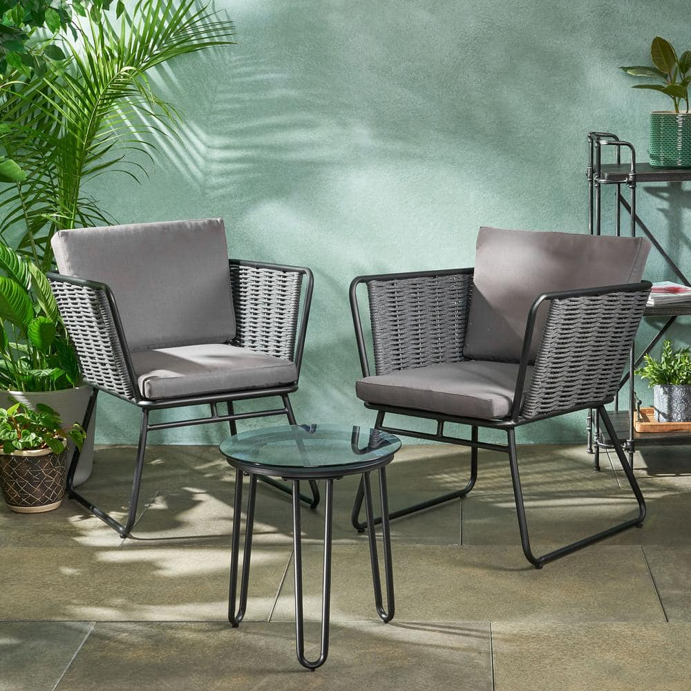 Noble House La Jolla Black 3-Piece Metal Outdoor Patio Conversation ...