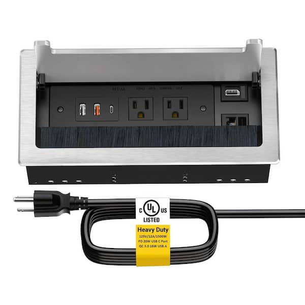 Heavy Duty Metal Table Top Box, Outlet Multimedia Connectivity Box with 1-HDMI, 1-RJ45,20W-USB C, 2 USB-A, 2-AC Outlet