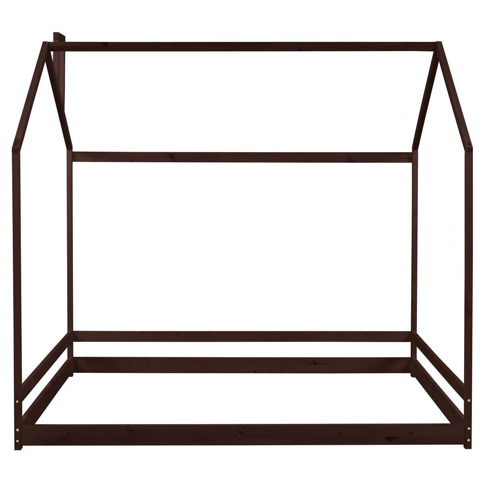 URTR Espresso Full Size Wooden House Bed House Shape Floor Bed Frame