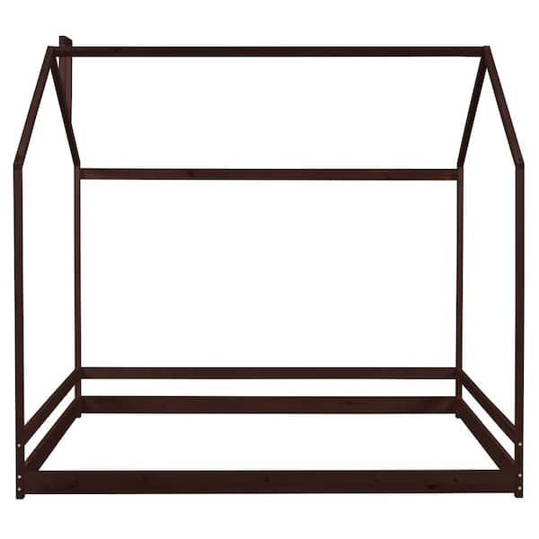 URTR Espresso Full Size Wooden House Bed House Shape Floor Bed Frame Wood House Bed for Boys and Girls