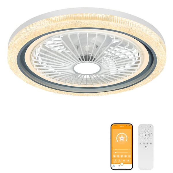 Modern Cage 19 in. Smart Indoor White Dimmable Crystal Flush Mount Ceiling Fan with Integrated Light and Remote