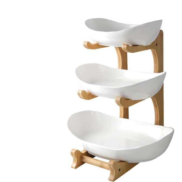 Unbranded 3-Tier Fruit Bowl Ceramic Countertop with Bamboo Stand in White