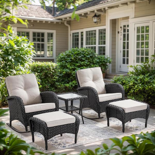 Black 5-Piece Wicker Patio Conversation Set with Rocking Chairs, Balcony Conversation Set with Beige Cushions