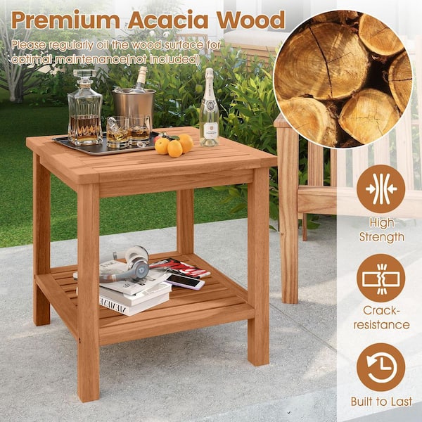Gymax 2-Tier Patio Acacia Wood Side Table w/Slatted Tabletop
