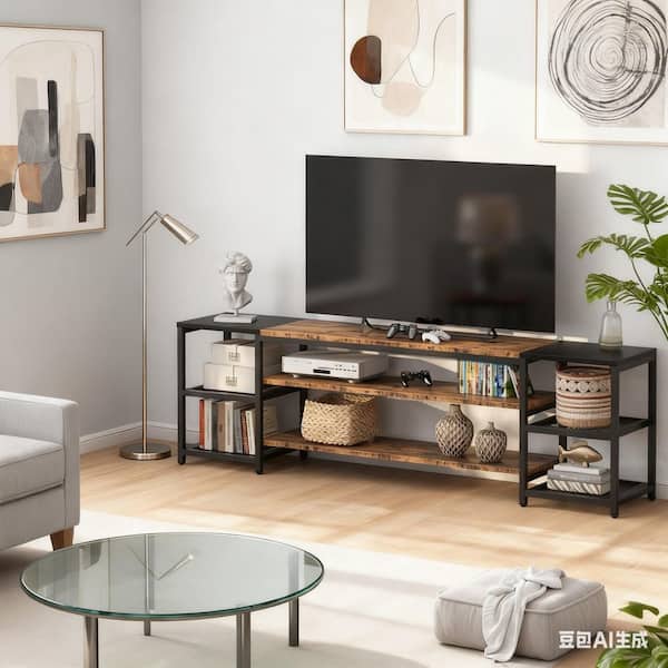BYBLIGHT Ezlynn Brown and Black 78 in. TV Stand TV Console Table