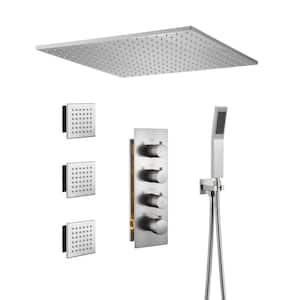 Thermostatic 3-Spray Patterns 20 in. Flush Ceiling Mount Rain Dual Shower Heads with 3-Jet in Brush Nickel
