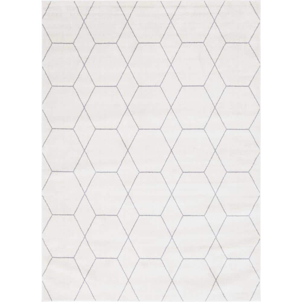 Ivory and Gray Trellis Synthetic Rectangular Area Rug