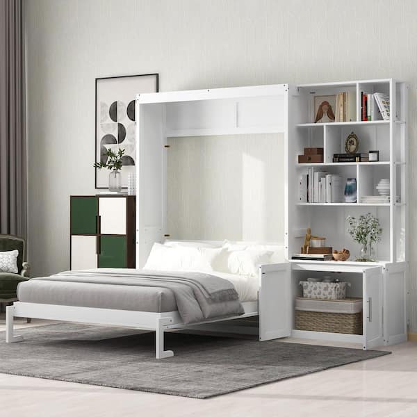 Multiple Storage White Wood Frame Full Size Murphy Bed with Shelves and Cabinet