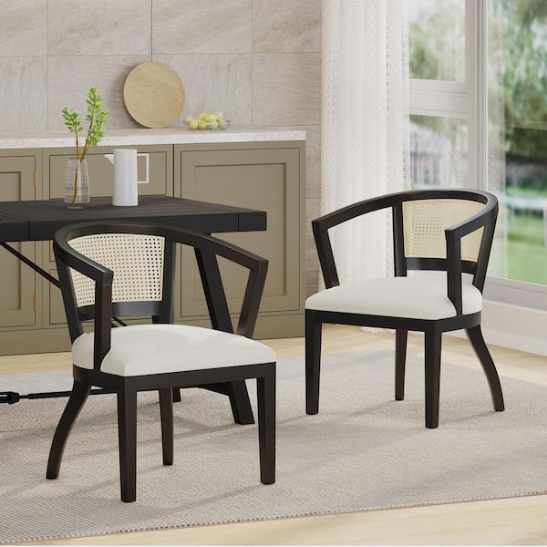 Traditional Black and Creme Fabric Upholstered Curved Rattan Back and Rubberwood Frame Dining Chair (Set of 2)