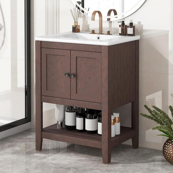Magic Home 24 in. x 18 in. x 32 in.Modern Freestanding Sleek Bathroom Vanity Cabinet in Brown with White Caremic Sink Top