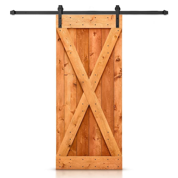 CALHOME 46 in. x 84 in. Distressed X Series Red Walnut Stained DIY Wood Interior Sliding Barn Door with Hardware Kit