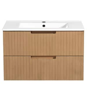 30 in. W Single Sink Floating Bath Vanity in Light Brown with White Ceramic Top and 2-Drawers