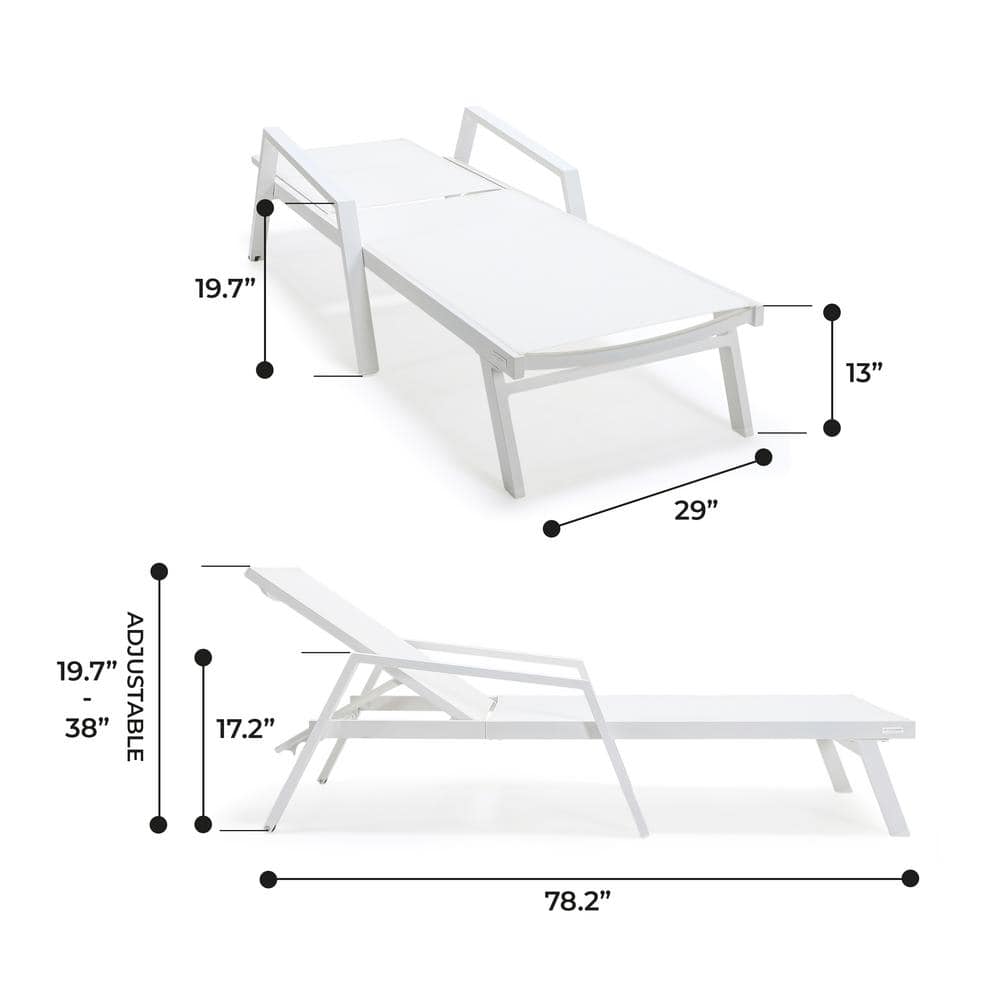 White Aluminum Adjustable Chaise Lounge with Arms and Cushions