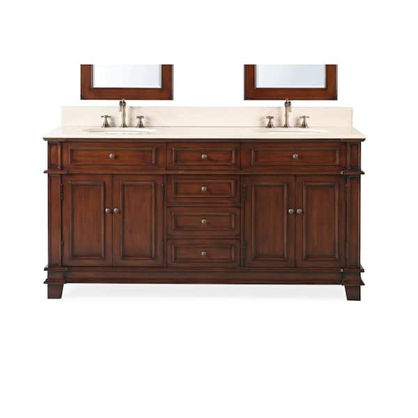 TENNANT BRAND Sanford 70 in. W x 22 in. D x 36 in. H Double Sink Bathroom Vanity in Medium Brown with Cream Marble Top