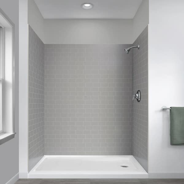 Foremost Jetcoat 32 In X 60 In X 78 In 5 Piece Easy Up Adhesive Alcove Shower Surround In Grey Subway Mosaic Gfs603278 Gm The Home Depot