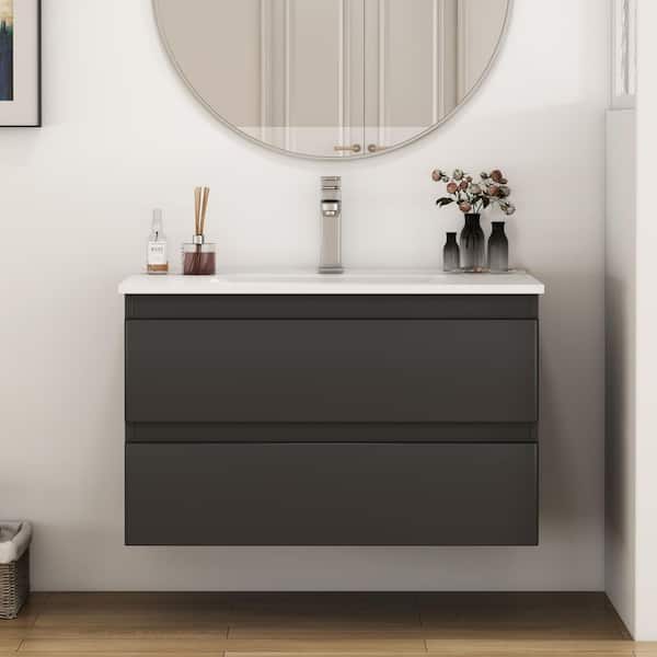32 in. Single Sink Floating Black Bath Vanity with White Ceramic Top