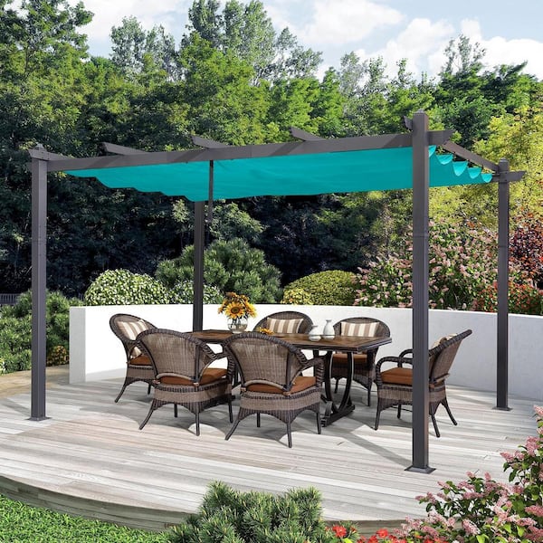 10 ft. x 12 ft. Gray Aluminum Frame Outdoor Patio Pergola Gazebo with Blue Retractable Sun Shade Canopy for Garden